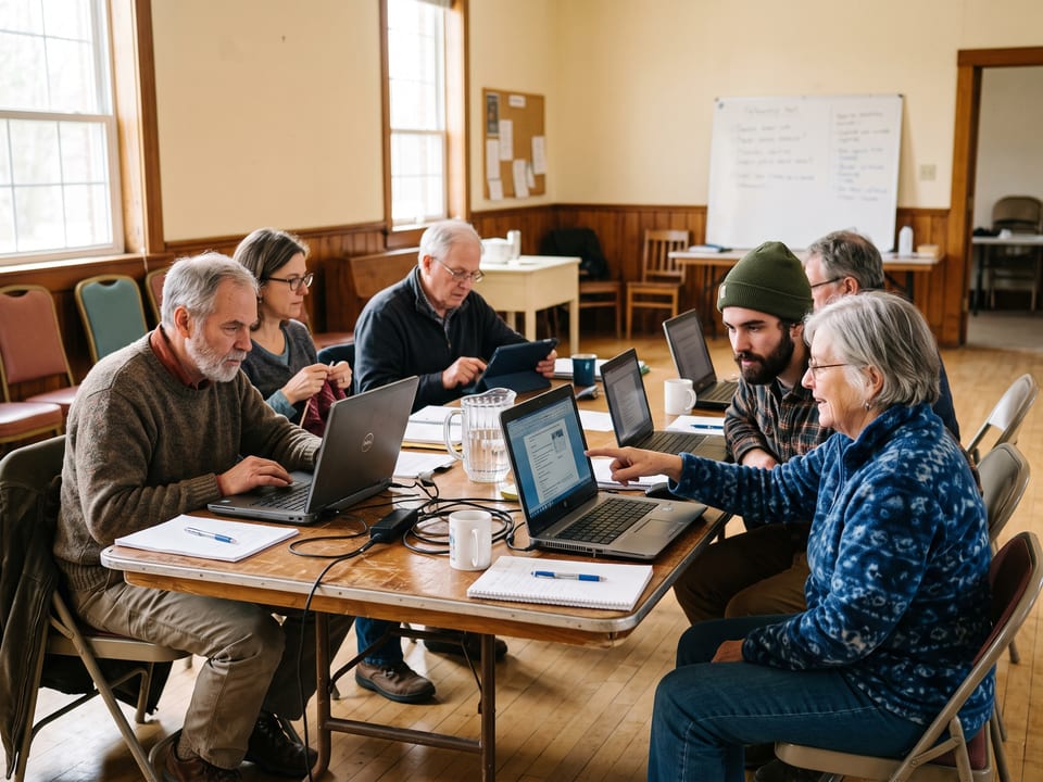 Adults of different ages sitting around a table in a community room, working through a lesson together on laptops.
